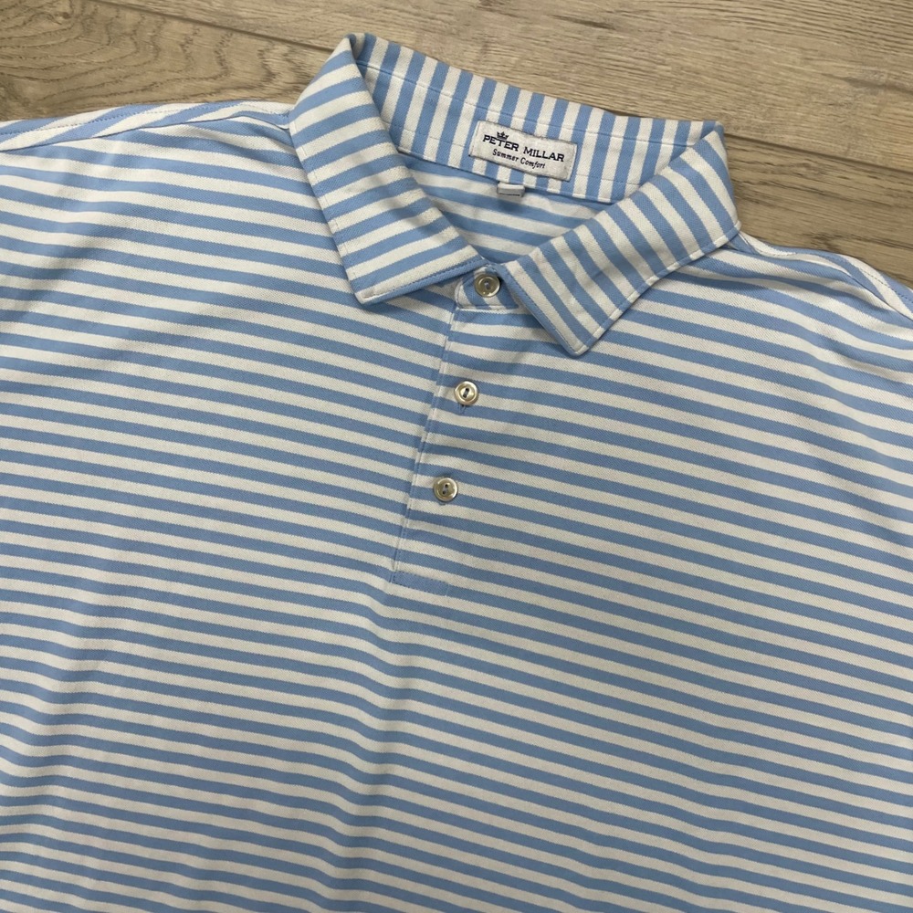 Peter Millar Polo Shirt Mens XL Blue Striped Summer Comfort River Crest Logo